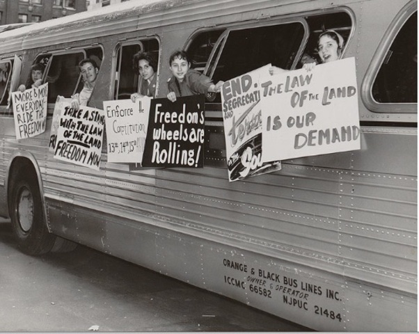 American Freedom Riders travel on racially mixed buses in the southern United States to challenge segregation laws.