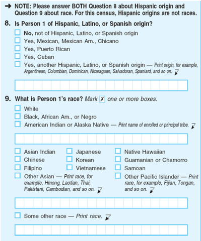 A census askes people if they consider themselves Hispanic, Latino or Spanish Orgin