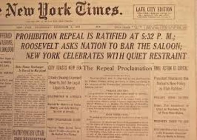 18th Amendment repealed, proposing the 21st