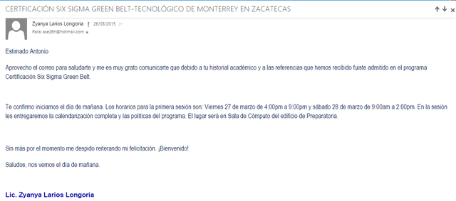 Inicio de Certificado Green Belt Six Sigma