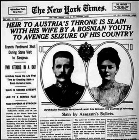 Archduke Franz Ferdinand, and his wife are assassinated in Sarajevo.
