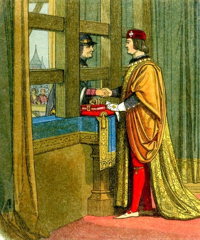 Edward IV is bought off at Picquigny with a bribe