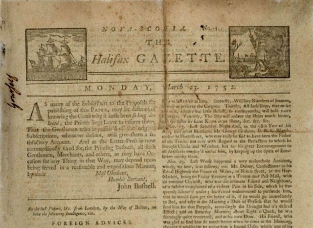 Canada's first newspaper, the weekly Halifax Gazette