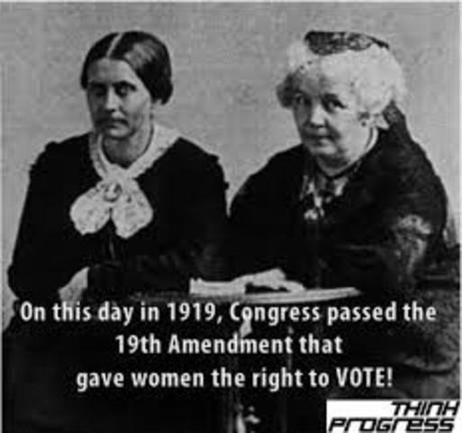 Congress approves the Nineteenth Amendment, granting women the vote.