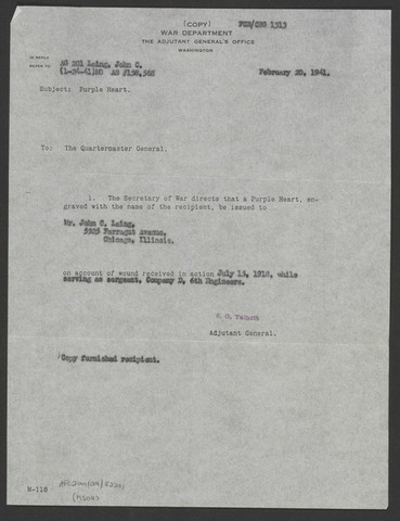 Purple Heart to John C. Laing