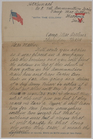 Henry write about camp Macarthur Waco to his mother