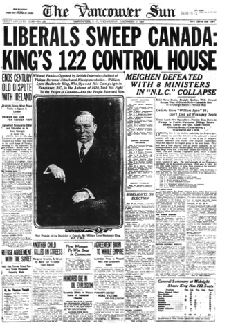 Mackenzie King and the Liberals win federal election.