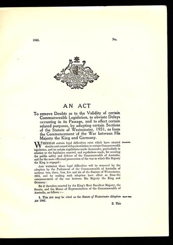 (Documents Acts and Treaties) Dec 11, 1931 Statute of Westminster Passes