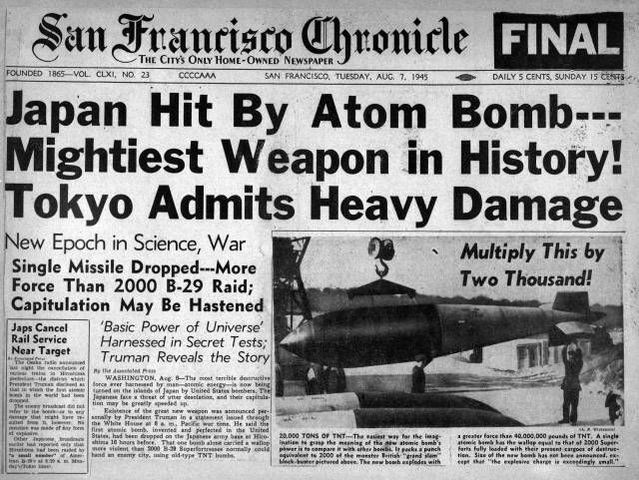 First atomic bomb dropped, on Hiroshima, Japan
