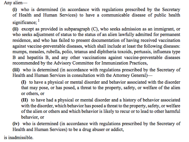 Immigration and Naturalization Act states that aliens can be denied immigration due to mental or physical defects