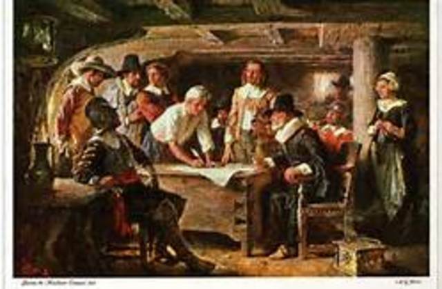 Passengers on the Mayflower sign the Mayflower Compact