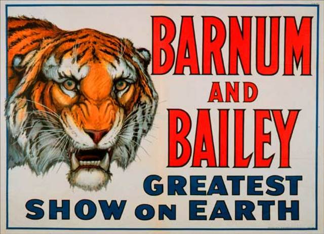 P.T. Barnum opens his three-ring circus, hailing it as the "Greatest Show on Earth."