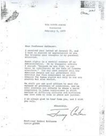 Carter writes a letter to Soviet dissident Andrei Sakharov