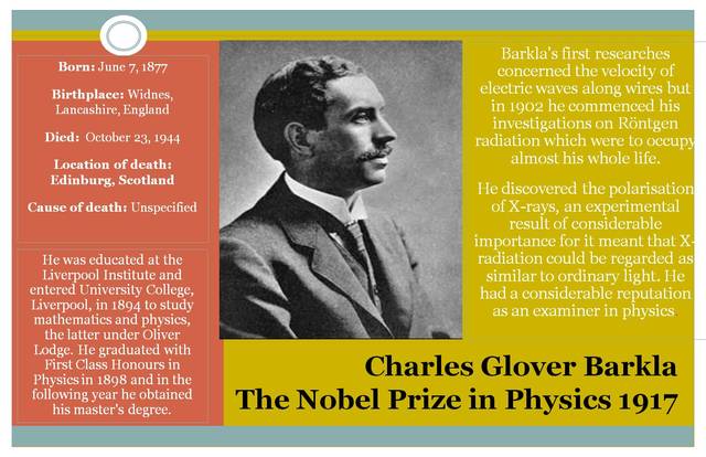 Professor Charles Glover Barkla won the Nobel Prize for Physics.