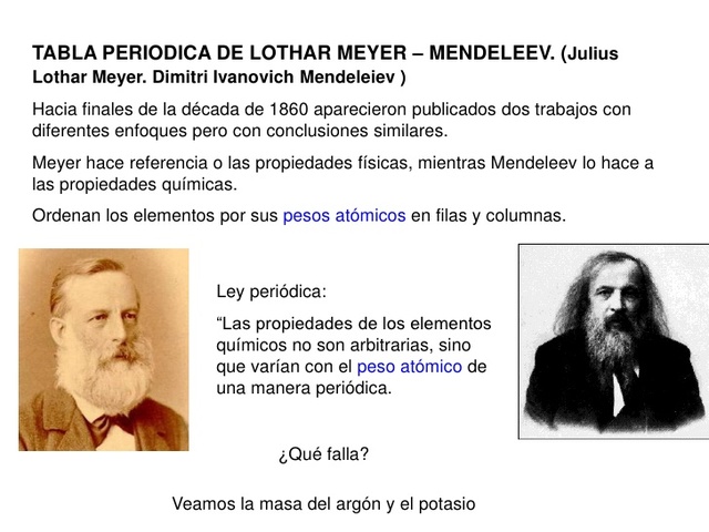 químico alemán Julius Lothar Meyer y el químico ruso Dimitri Ivanovich Mendelyev propusieron la primera “Ley Periódica