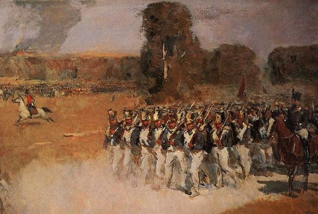 Napoleon's army and Alexander I's army battle at the Battle of Borordino