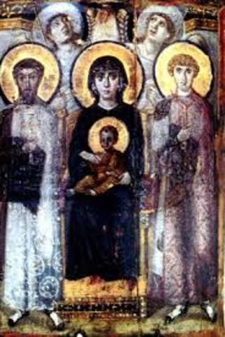 Virgin (theotokos) and child between Saints Theodore & George