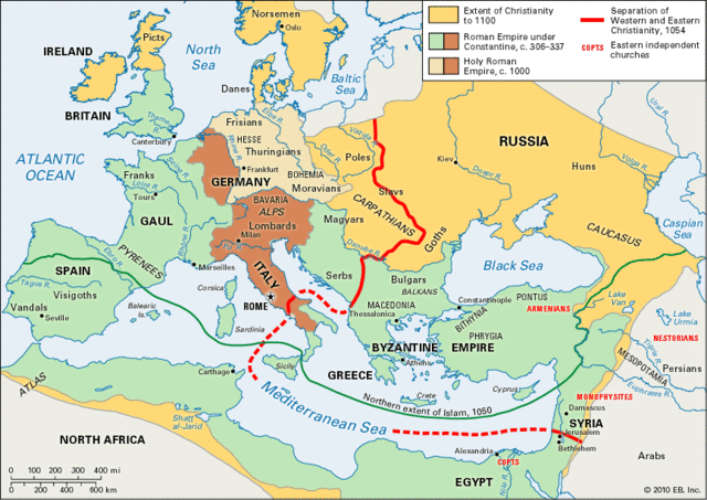 1100: The spread of Christianity to Europe, North Africa, and the Middle East
