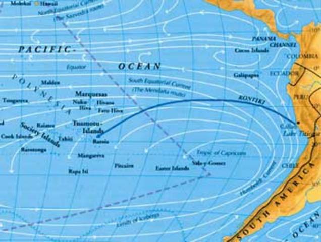 Thor Heyerdahl and his creww sail the raft Kon-tiki from Peru to Polynesia