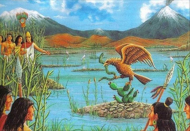 Águila parada sobre un nopal devorando a una serpiente