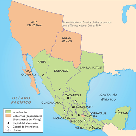 División del territorio de la Nueva España en 12 intendencias.