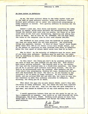 Bill Gates writes "Open Letter to Hobbyists"
