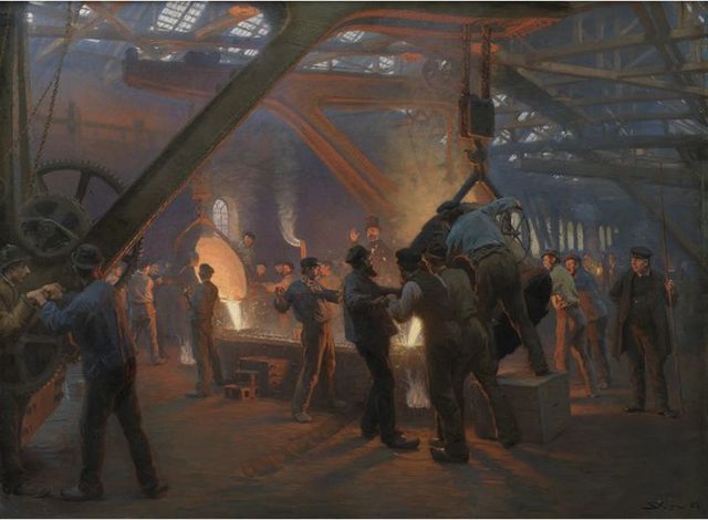 Peter Severin Kroyer paints a picture depicting Danish wokers laboring in a steel mill