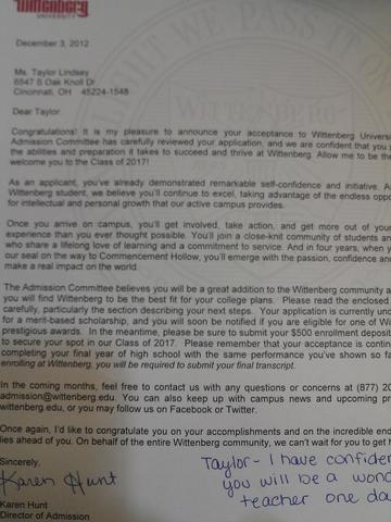 Got acceptance letter from Wittenberg University