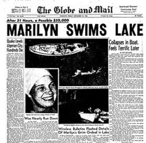 Marilyn Bell is the first person to swim across Lake Ontario