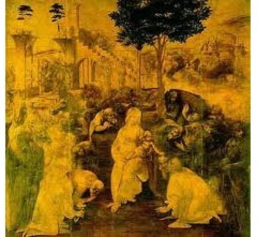 Pinta el gran retablo inacabado de la Adoración de los reyes (Galería de los Uffizi).