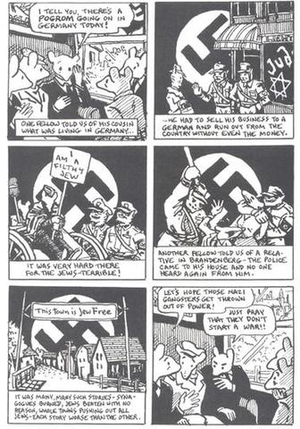 First appearance of Swastika in town & of Nazis.