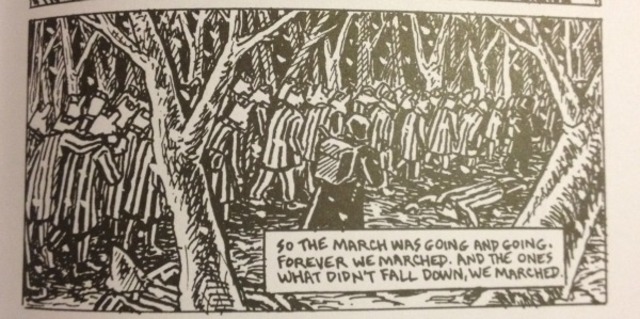 Vladek marches out of Auschwitz with prisoners.