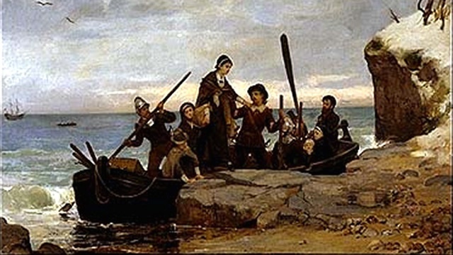 The Mayflower lands at Plymouth Rock, Massachusetts