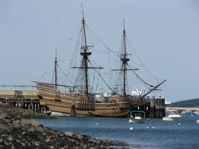 The Mayflower lands at Plymouth Rock, Massachusetts