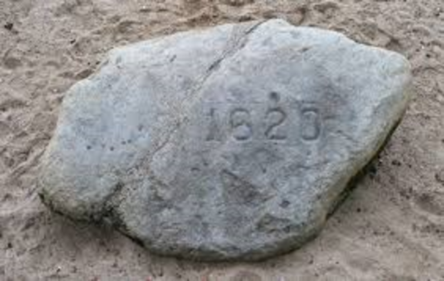The Mayflowe lands at Plymouth Rock, Massachusetts