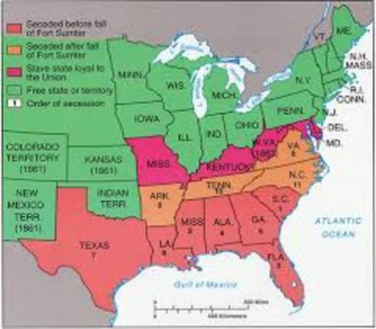 The dates each of the 11 southern states seceded the Union