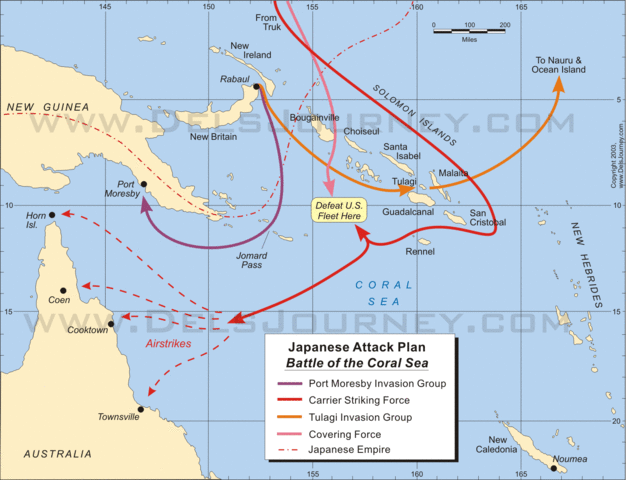 The Battle of the Coral Sea- Admiral Nimitz sent two carriers, the Yorktown and the Lexington to intercept the Japanese in the Coral Sea