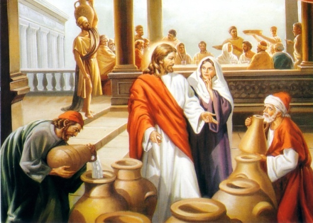 Jesus turns water into wine at a wedding