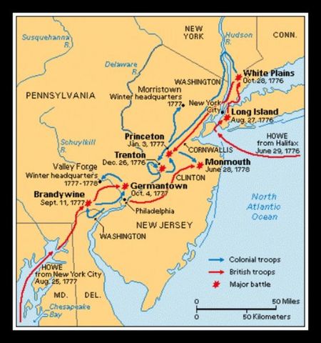 Redcoats push Washington's Army across the Delaware River into Pennsylvania