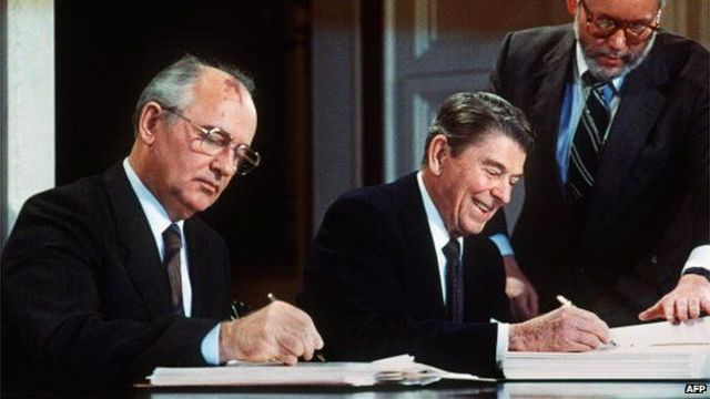 President Reagan and the Soviet leader sign the Inermediate-Range Nuclear Forces Treaty.