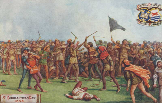 The St. Scholastica's Day riot breaks out in Oxford, England, leaving 63 scholars and perhaps 30 locals dead in two days.