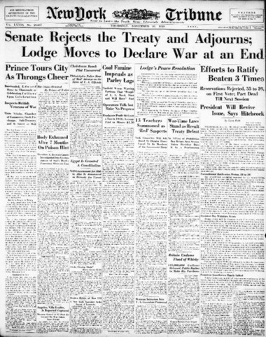 U.S.A rejects Treaty of Versailles