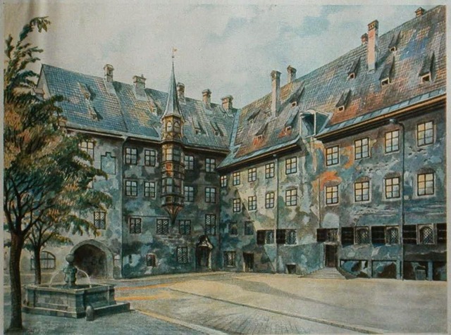 Adolf Hitler paints The Alter Hof in Munich in watercolour
