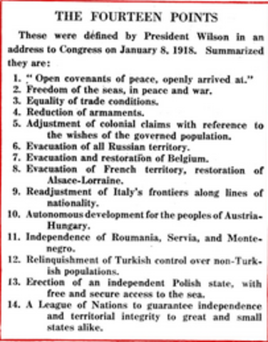 Woodrow Wilson presents his Fourteen Point Peace Plan