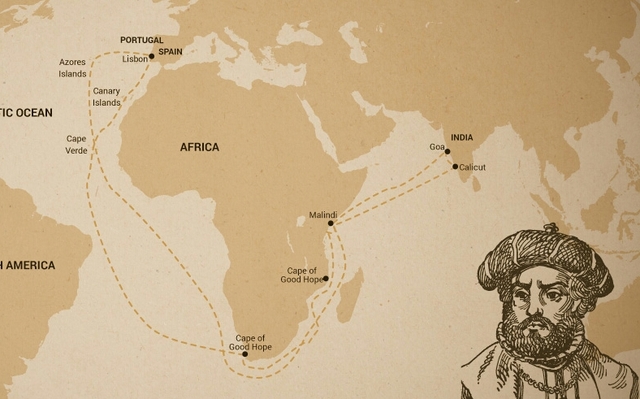Vasco da Gama circumnavigates Africa to arrive in the East
