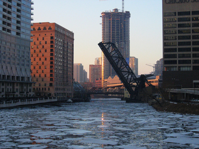 First bridge built across the Chicago River near Kinzie Street