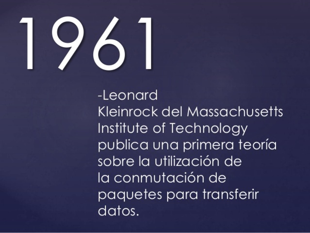 Leonard Kleinrock del Massachusetts Institute of Technology publica una primera teoría sobre la utilización de la conmutación de paquetes para transferir datos