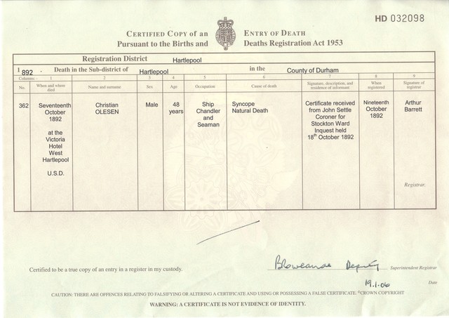 Death in West Hartlepool, Durham County, England