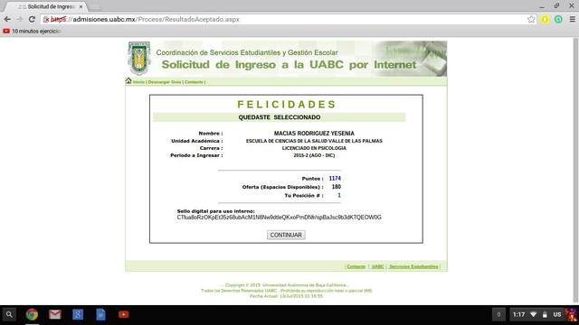 Admitida en la universidad