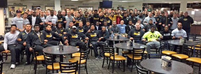 10:39 AM - Head Coach Gary Pinkel and other staff show support for football boycott